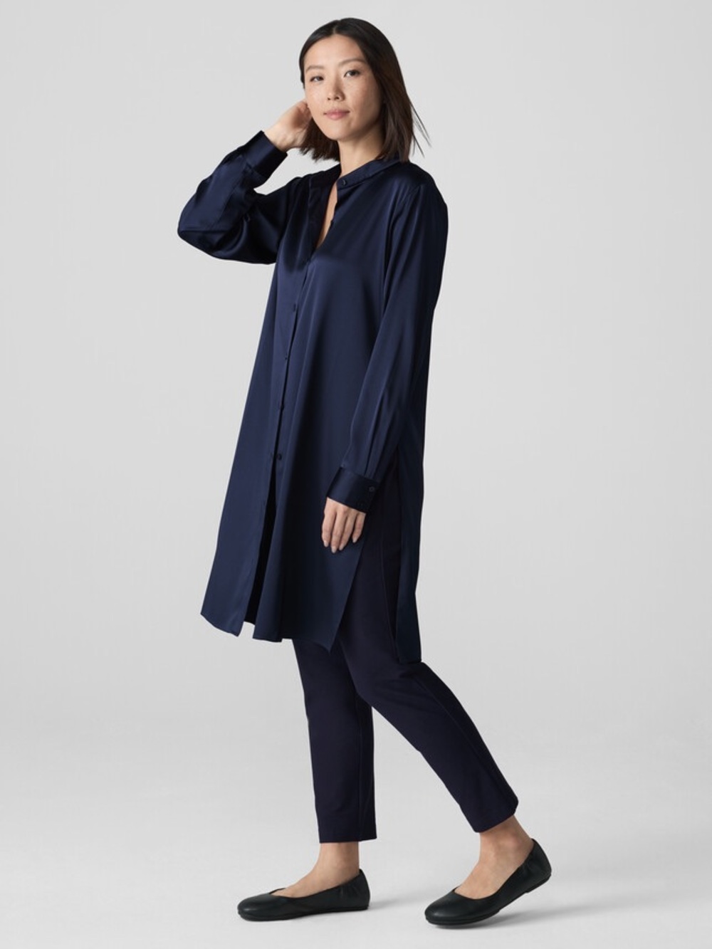 Eileen Fisher Stretch Silk Charmeuse Band Collar Long Shirt